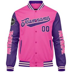 Maßgeschneiderte Rosa Lila Letterman Varsity Jacket Individuelle Stickerei Druck nach Ihrem Wunsch
