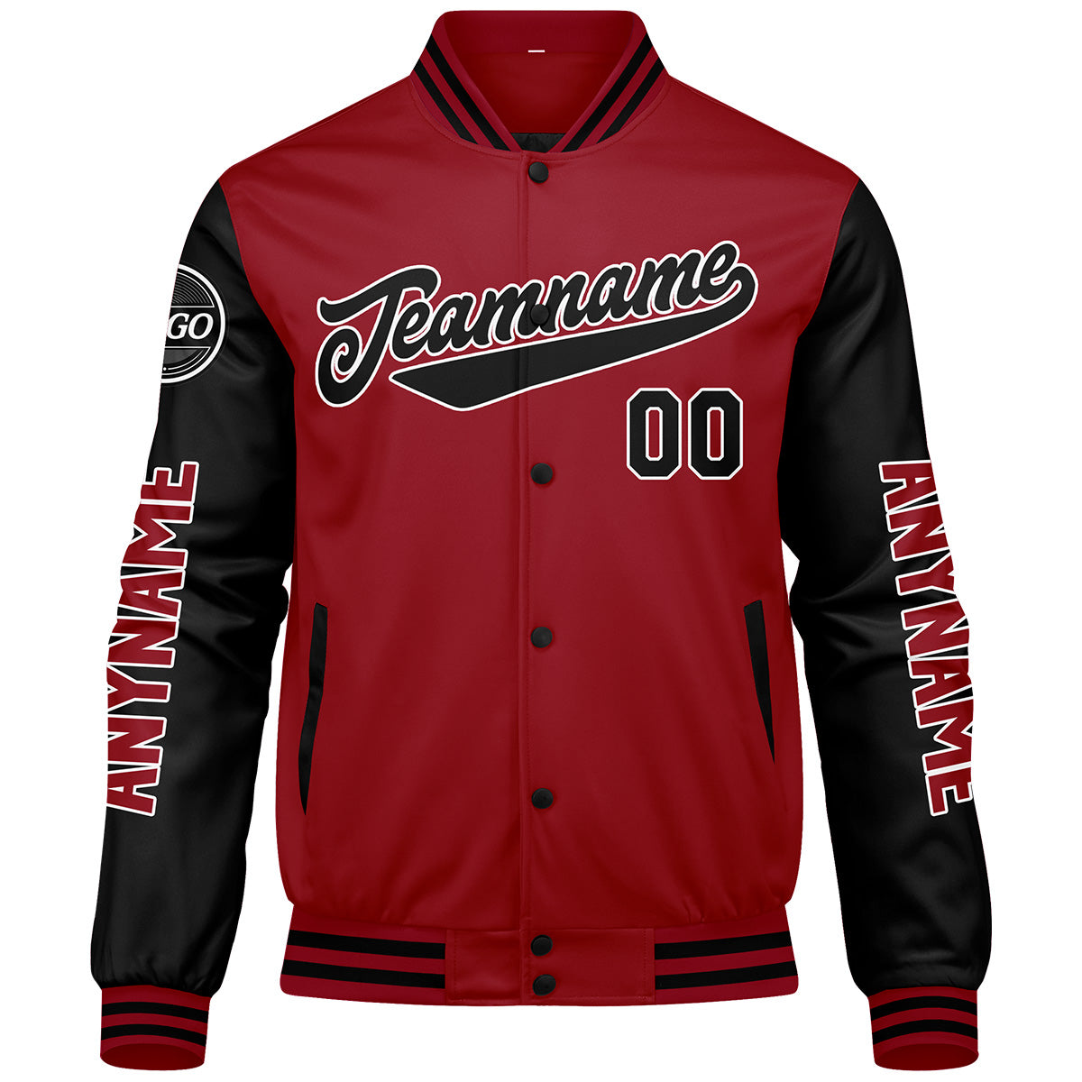 Maßgeschneiderte Rot Schwarz Letterman Varsity Jacket Individuelle Stickerei Druck nach Ihrem Wunsch