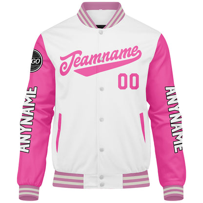 Maßgeschneiderte Weiß Rosa Letterman Varsity Jacket Individuelle Stickerei Druck nach Ihrem Wunsch