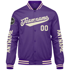 Maßgeschneiderte Lila Creme Letterman Varsity Jacket Individuelle Stickerei Druck nach Ihrem Wunsch