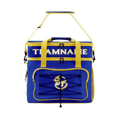 Maßgeschickerte Blau Gelb vollflächig bedruckte isolierte Kühltasche mit Doppelwand Wasserdichte 600D Oxford Picknick-Tragetasche für Teamevents & Outdoor-Grillen