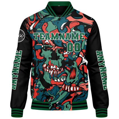 Maßgeschneiderte Grün Orange Letterman Varsity Jacket Individuelle Stickerei Druck nach Ihrem Wunsch