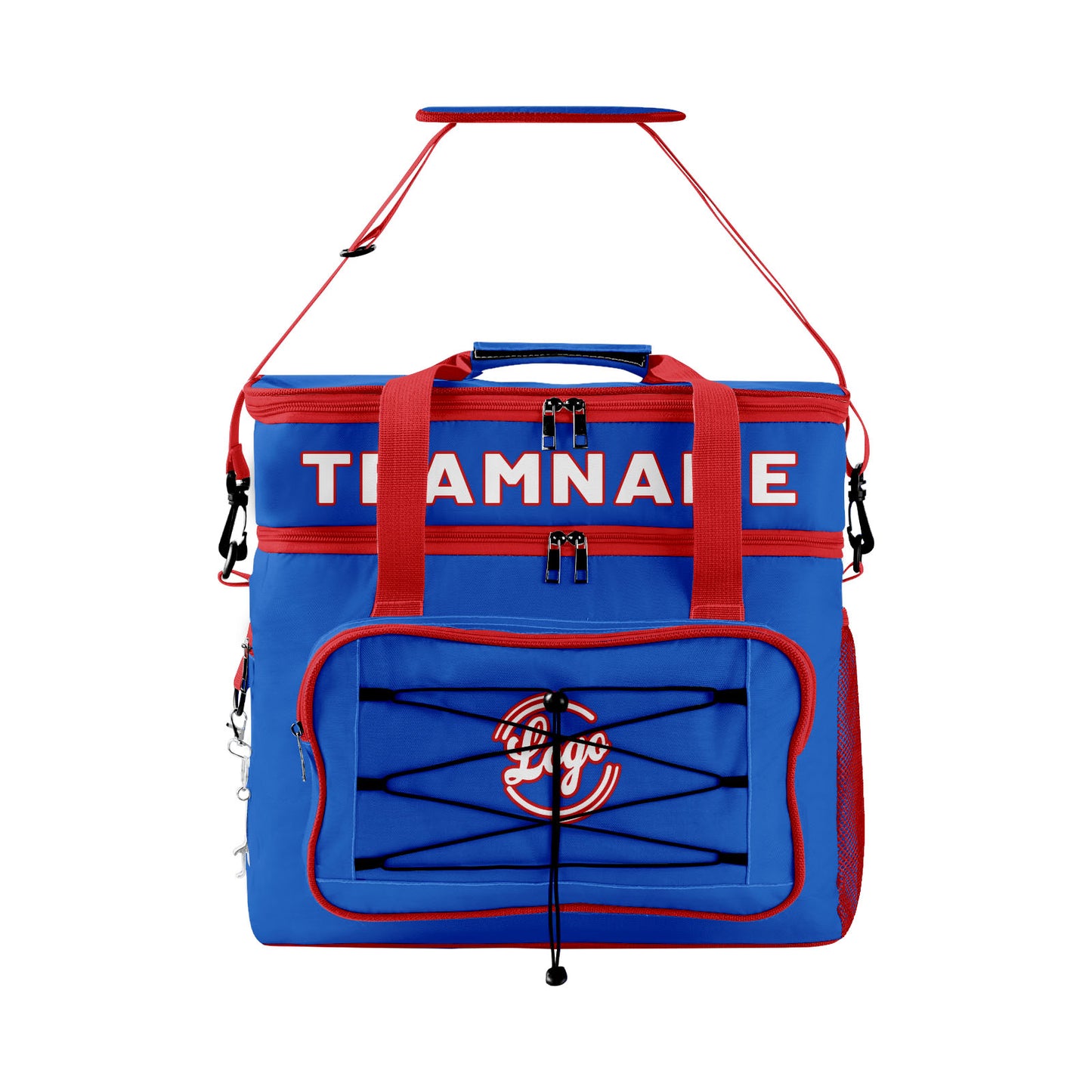 Maßgeschickerte Dunkelblau Rot vollflächig bedruckte isolierte Kühltasche mit Doppelwand Wasserdichte 600D Oxford Picknick-Tragetasche für Teamevents & Outdoor-Grillen