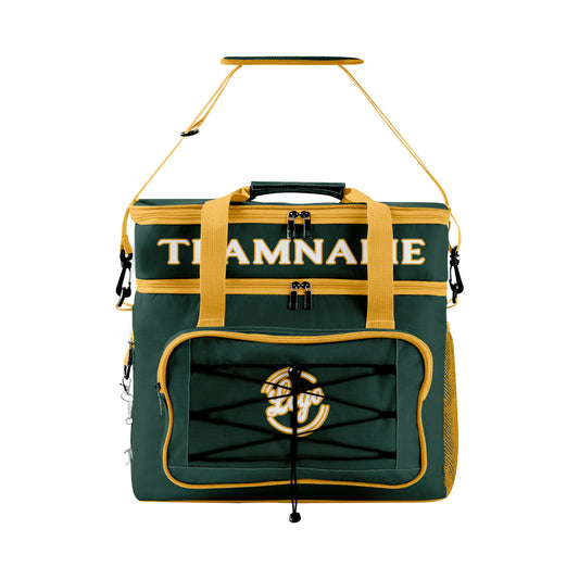 Maßgeschickerte Dunkelgrün Gelb vollflächig bedruckte isolierte Kühltasche mit Doppelwand Wasserdichte 600D Oxford Picknick-Tragetasche für Teamevents & Outdoor-Grillen
