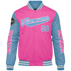 Maßgeschneiderte Rosa Hellblau Letterman Varsity Jacket Individuelle Stickerei Druck nach Ihrem Wunsch