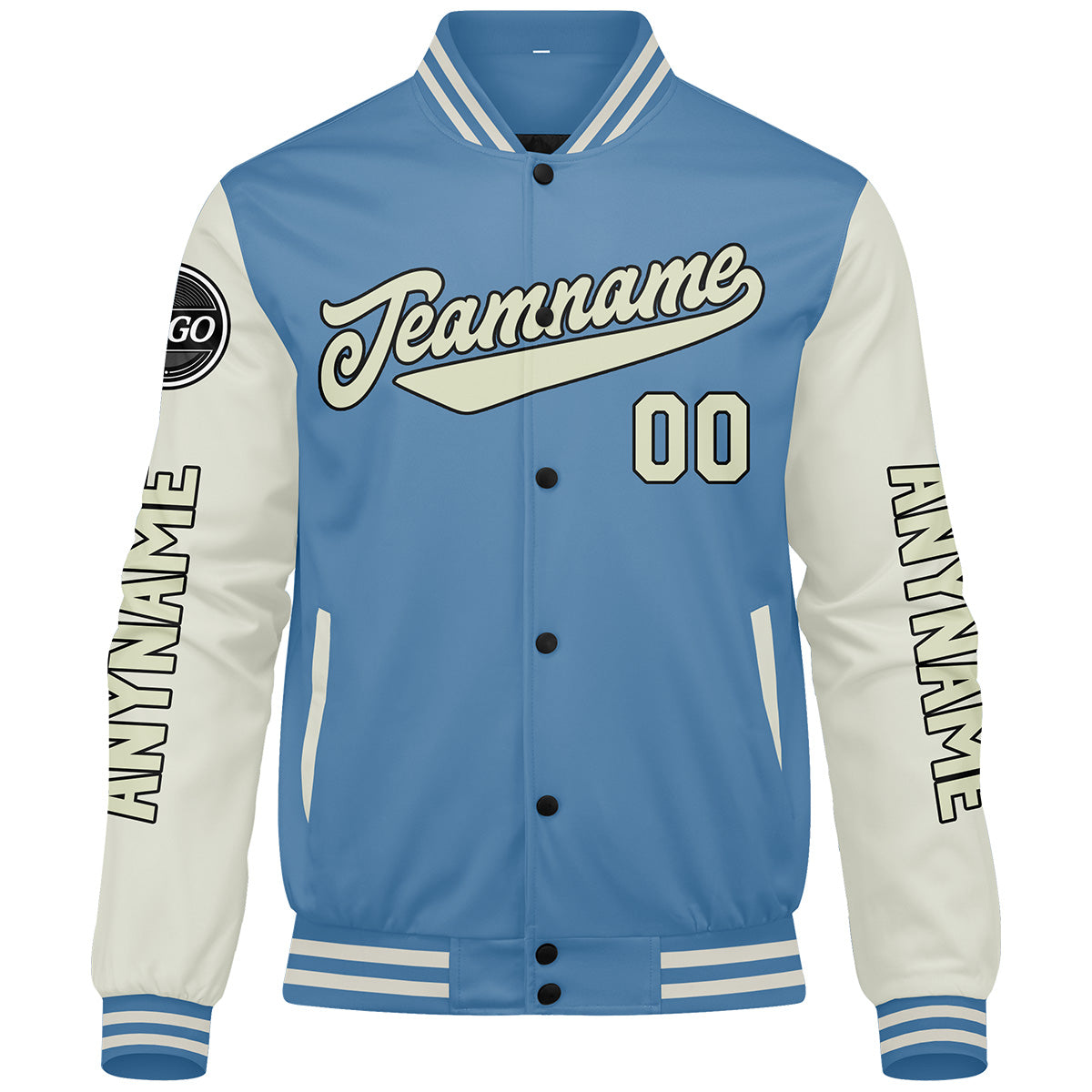 Maßgeschneiderte Hellblaue Creme Letterman Varsity Jacket Individuelle Stickerei Druck nach Ihrem Wunsch