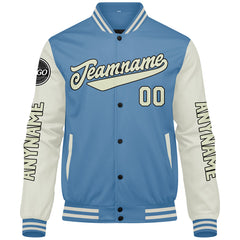 Maßgeschneiderte Hellblaue Creme Letterman Varsity Jacket Individuelle Stickerei Druck nach Ihrem Wunsch