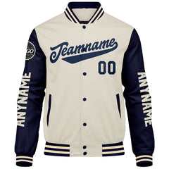Maßgeschneiderte Marine Creme Letterman Varsity Jacket Individuelle Stickerei Druck nach Ihrem Wunsch