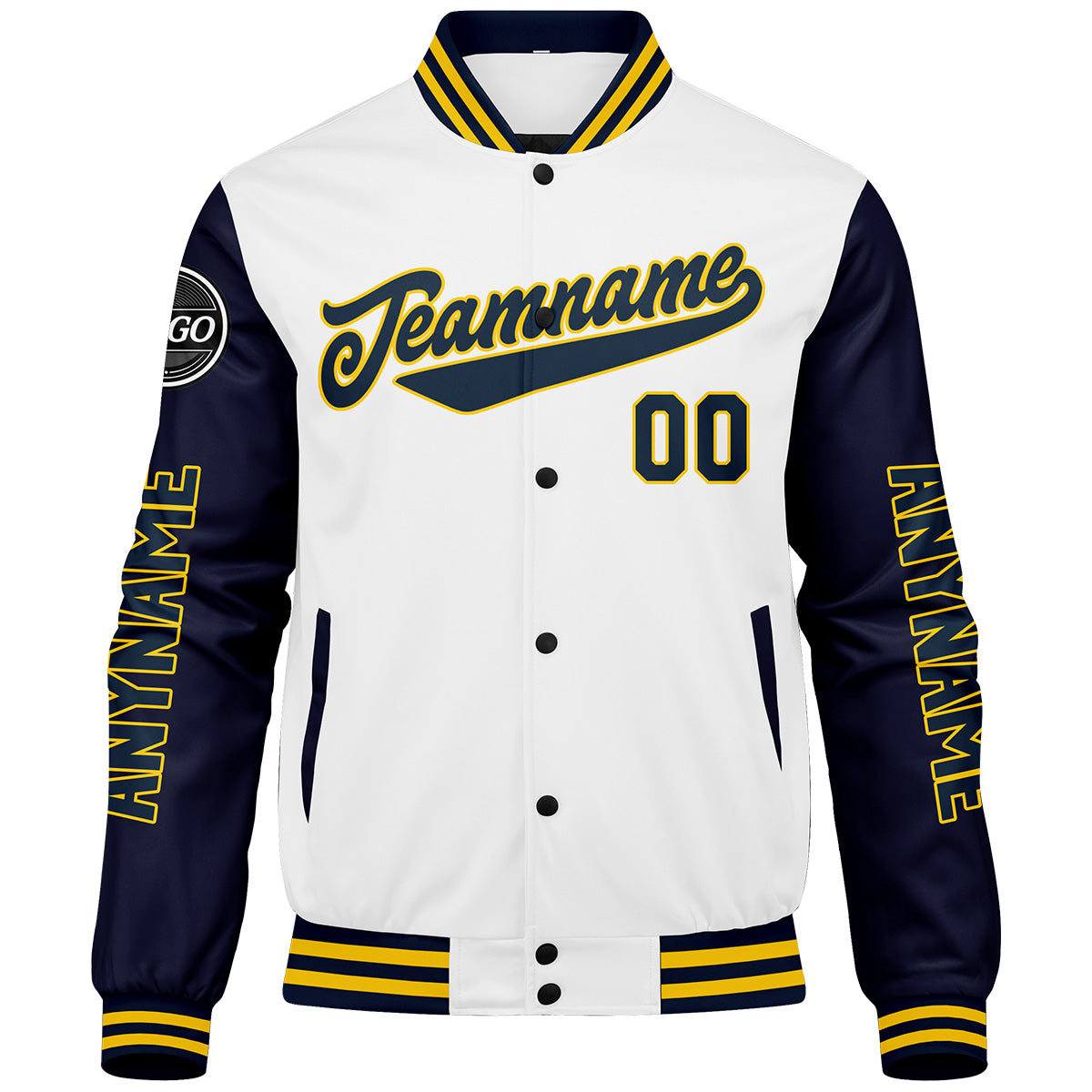 Maßgeschneiderte Marine Weiß Gelb Letterman Varsity Jacket Individuelle Stickerei Druck nach Ihrem Wunsch
