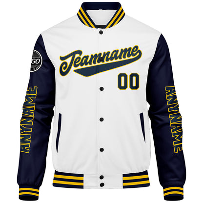 Maßgeschneiderte Marine Weiß Gelb Letterman Varsity Jacket Individuelle Stickerei Druck nach Ihrem Wunsch