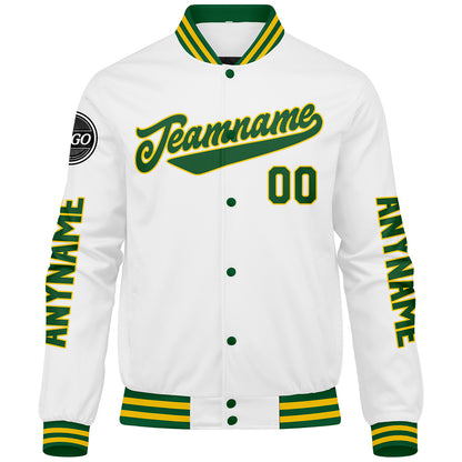 Maßgeschneiderte Grün Gelb Weiß Letterman Varsity Jacket Individuelle Stickerei Druck nach Ihrem Wunsch