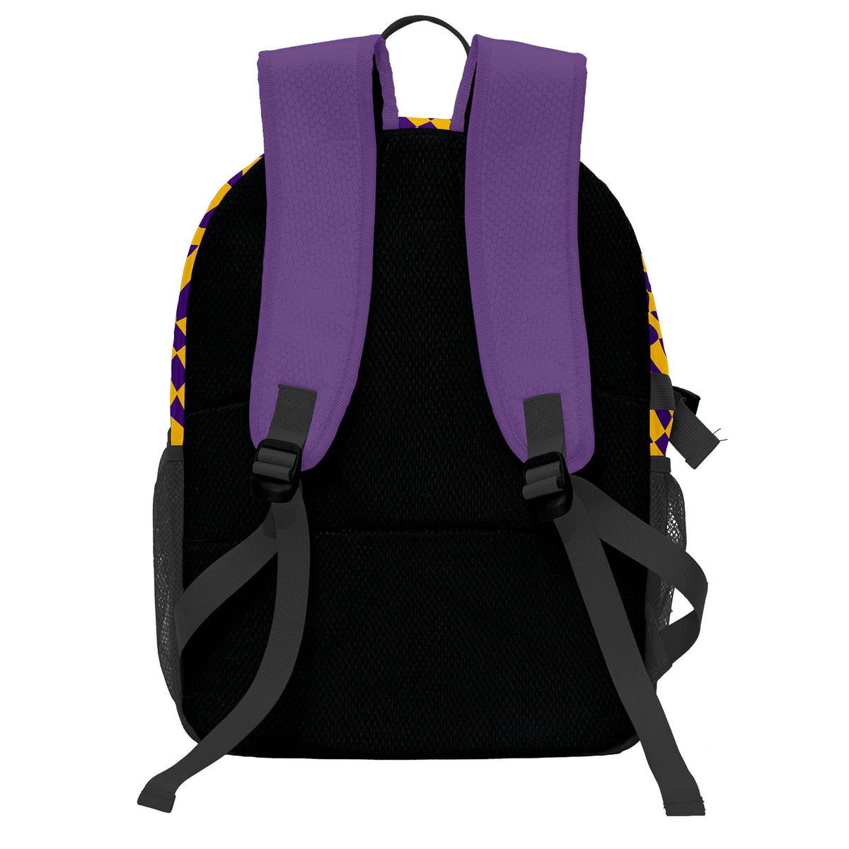 Personalisierter Basketball - und Fußballrucksack in Lila und Hellgelb mit Spielernamen & Nummern und Teamlogo #BP-0919-0031