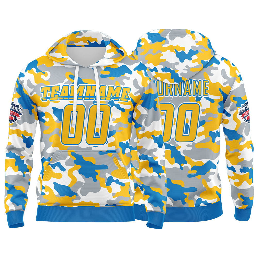 Benutzerdefinierter Sweatshirt-Hoodie für Mann, Frau, Mädchen, Junge. Drucken Sie Ihr Logo, Ihren Namen und Ihre Nummer Puderblau-Gelb
