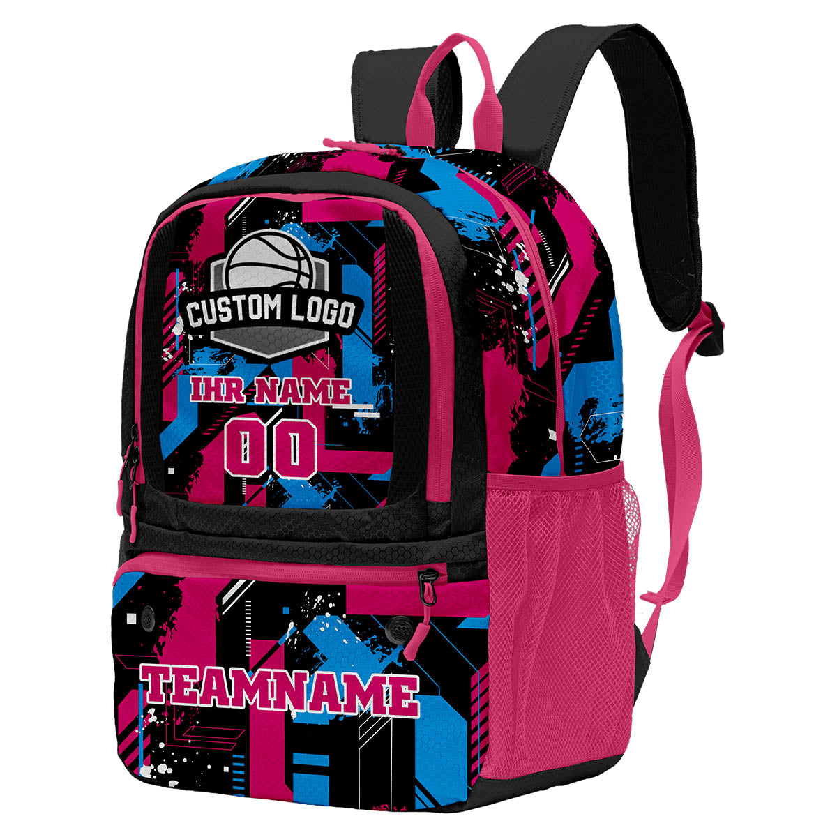 Individuell gestalteter Basketball - und Fußballrucksack in Schwarz & Rosenrot und Blau mit Spielernamen & Nummern und Teamlogo #BP-0919-0003