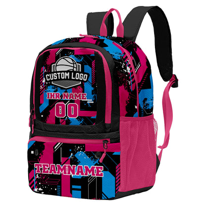 Individuell gestalteter Basketball - und Fußballrucksack in Schwarz & Rosenrot und Blau mit Spielernamen & Nummern und Teamlogo #BP-0919-0003