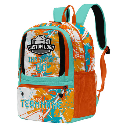 Personalisierter Basketball - und Fußballrucksack in Orange & Weiß und Türkis mit Spielernamen & Nummern und Teamlogo #BP-0919-0026