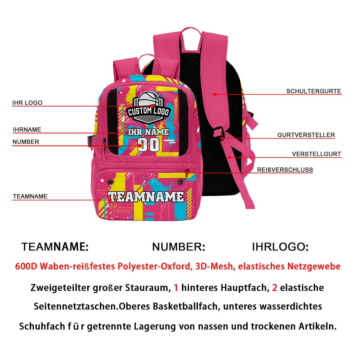 Personalisierter Basketball - und Fußballrucksack in Rosenrot & Blau und Gelb mit Spielernamen & Nummern und Teamlogo #BP-0919-0036
