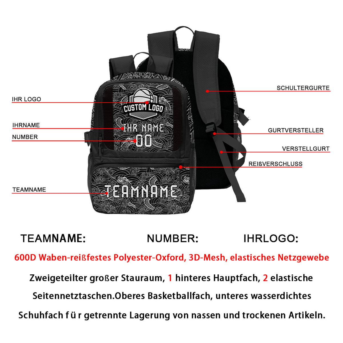 Personalisierter Basketball - und Fußballrucksack in Schwarz - Weiß mit Spielernamen & Nummern und Teamlogo #BP-0919-0004