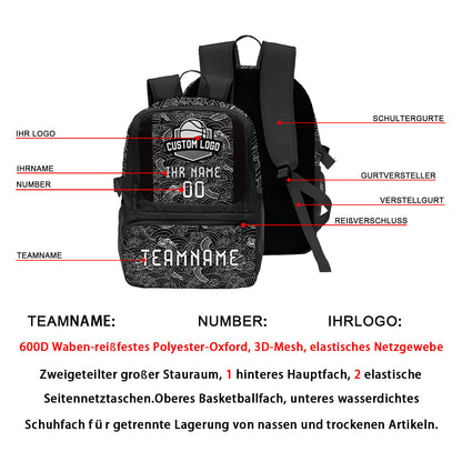 Personalisierter Basketball - und Fußballrucksack in Schwarz - Weiß mit Spielernamen & Nummern und Teamlogo #BP-0919-0004