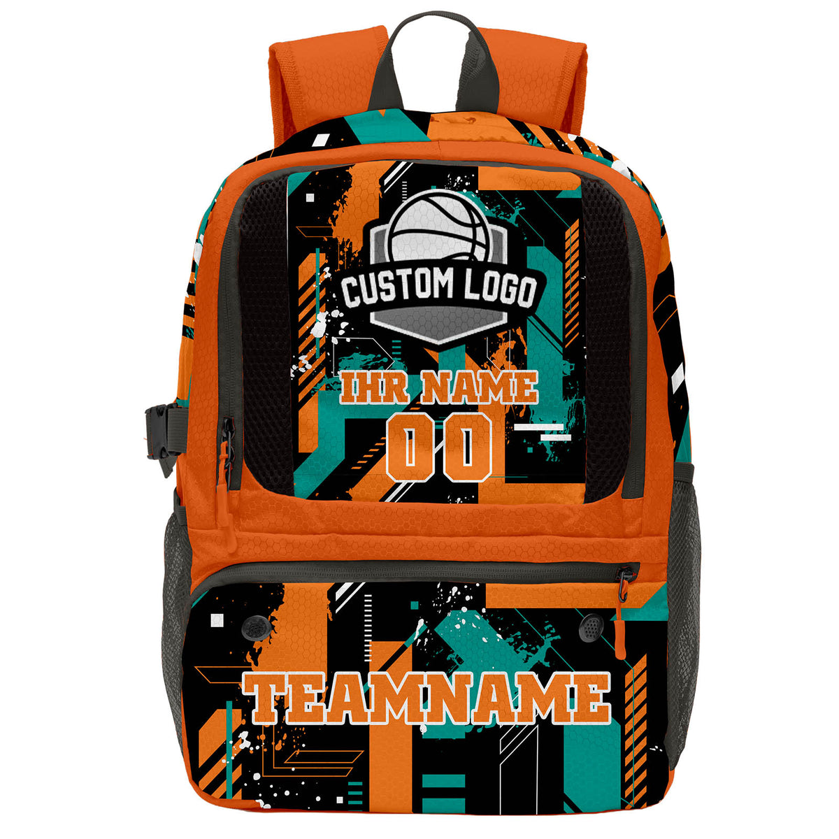 Personalisierter Basketball - und Fußballrucksack in Orange & Schwarz und Cyan mit Spielernamen & Nummern und Teamlogo #BP-0919-0024