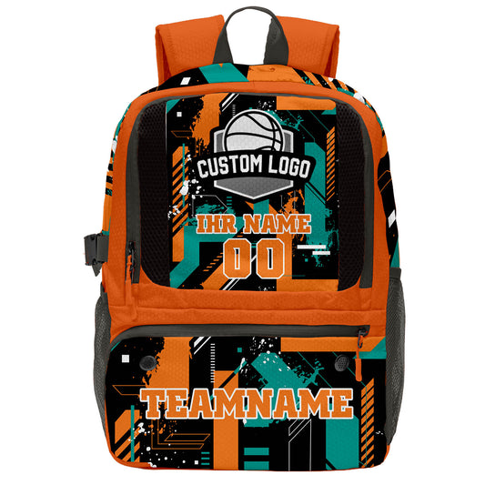 Personalisierter Basketball - und Fußballrucksack in Orange & Schwarz und Cyan mit Spielernamen & Nummern und Teamlogo #BP-0919-0024