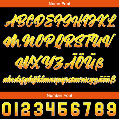 Benutzerdefiniert Schwarz Orange Gelb Personalisierter Baseball Jersey mit Farbverlauf Team Uniform mit Namen und Nummer