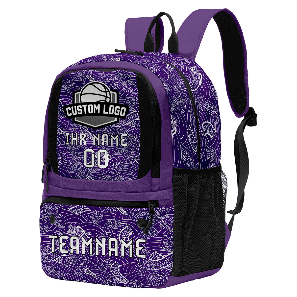Personalisierter Basketball - und Fußballrucksack in Lila & Schwarz und Weiß mit Spielernamen & Nummern und Teamlogo #BP-0919-0030