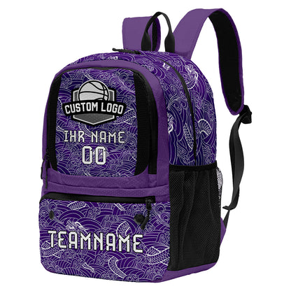 Personalisierter Basketball - und Fußballrucksack in Lila & Schwarz und Weiß mit Spielernamen & Nummern und Teamlogo #BP-0919-0030
