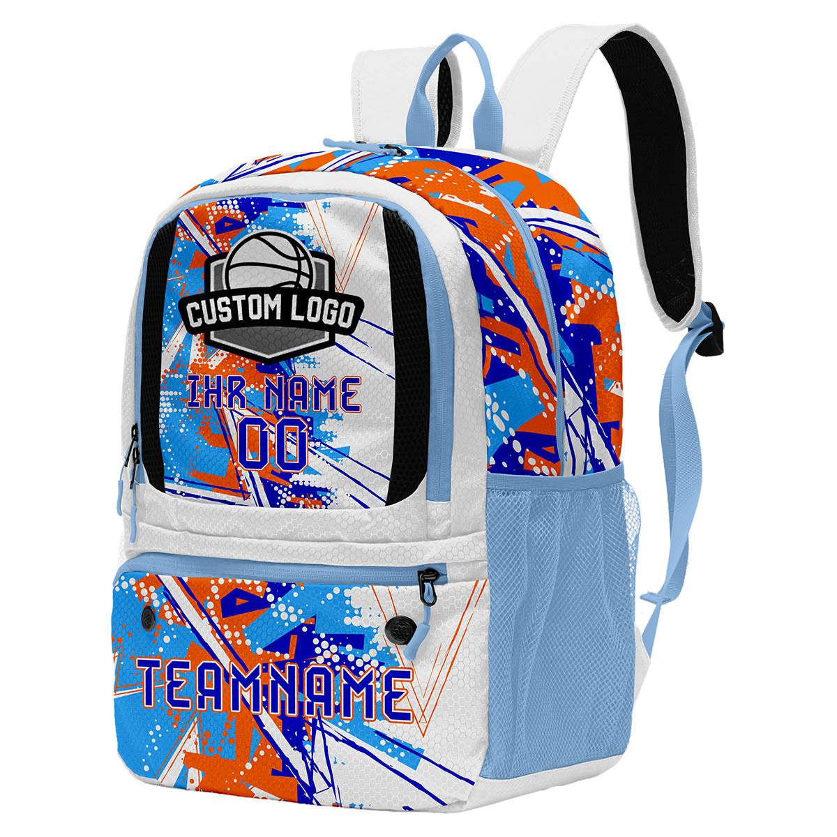 Personalisierter Basketball - und Fußballrucksack in Orange & Blau und Weiß mit Spielernamen & Nummern und Teamlogo #BP-0919-0025