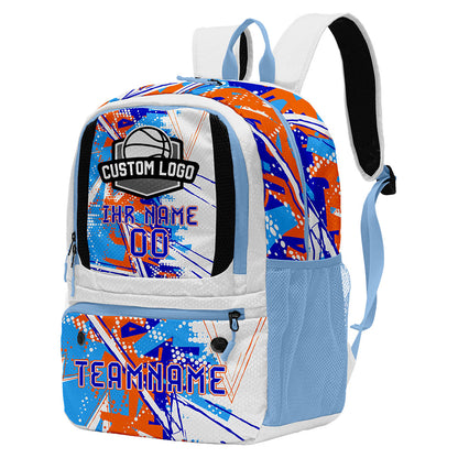 Personalisierter Basketball - und Fußballrucksack in Orange & Blau und Weiß mit Spielernamen & Nummern und Teamlogo #BP-0919-0025