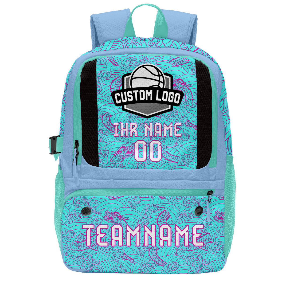 Personalisierter Basketball - und Fußballrucksack in Cyan & Lila und Blau mit Spielernamen & Nummern und Teamlogo #BP-0919-0013