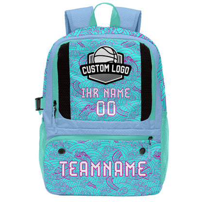 Personalisierter Basketball - und Fußballrucksack in Cyan & Lila und Blau mit Spielernamen & Nummern und Teamlogo #BP-0919-0013