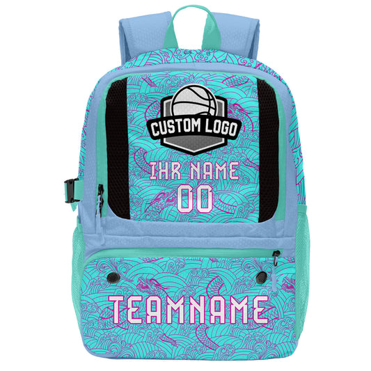 Personalisierter Basketball - und Fußballrucksack in Cyan & Lila und Blau mit Spielernamen & Nummern und Teamlogo #BP-0919-0013