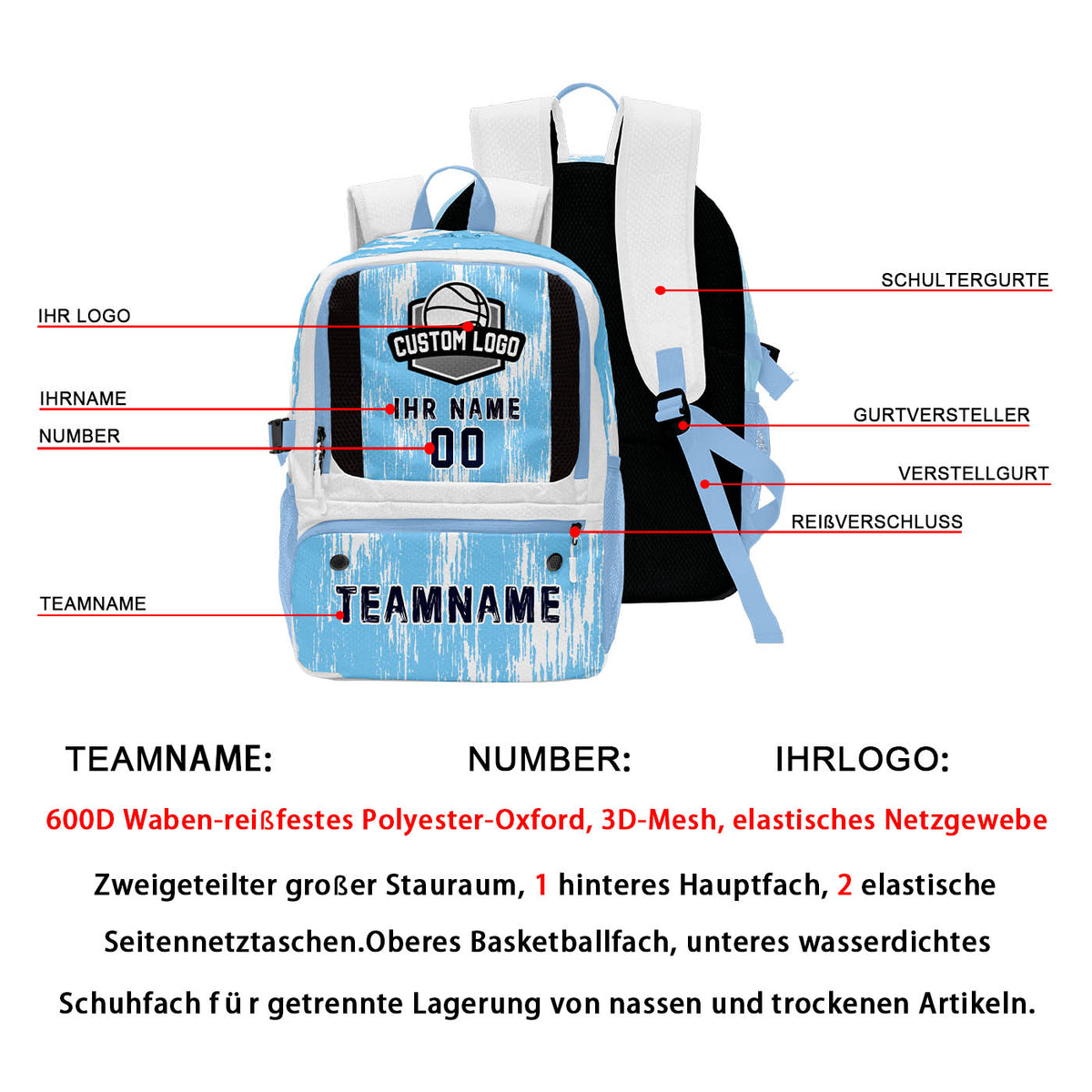 Personalisierter Basketball - und Fußballrucksack in Hellblau & Weiß und Dunkelblau mit Spielernamen & Nummern und Teamlogo #BP-0919-0021