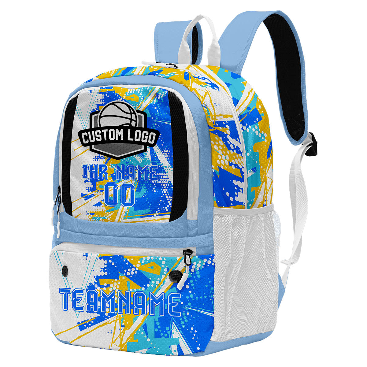 Personalisierter Basketball - und Fußballrucksack in Blau & Weiß und Gelb mit Spielernamen & Nummern und Teamlogo #BP-0919-0007