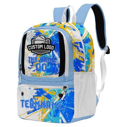 Personalisierter Basketball - und Fußballrucksack in Blau & Weiß und Gelb mit Spielernamen & Nummern und Teamlogo #BP-0919-0007