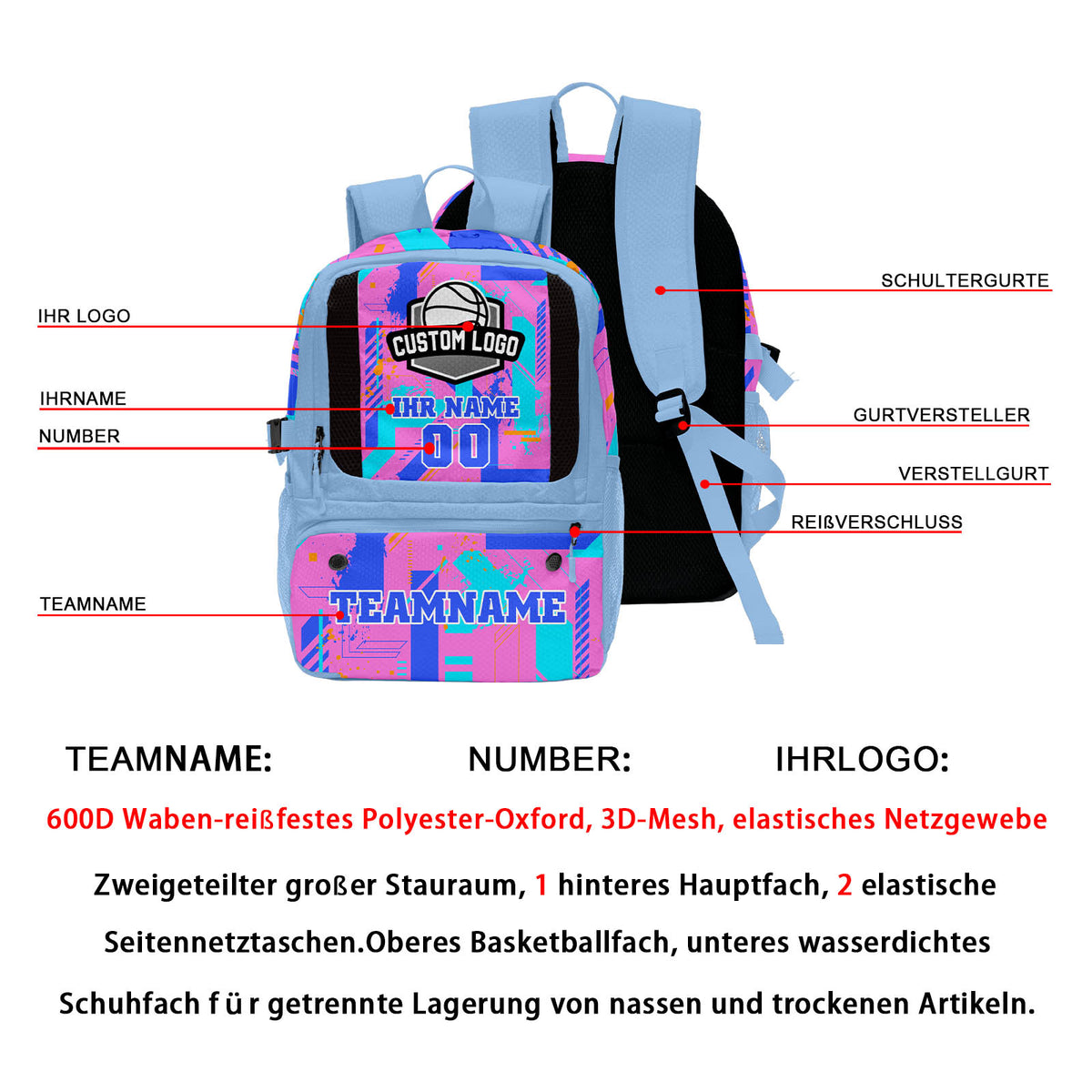 Personalisierter Basketball - und Fußballrucksack in Hellblau & Lila & Orange und Grün mit Spielernamen & Nummern und Teamlogo #BP-0919-0019