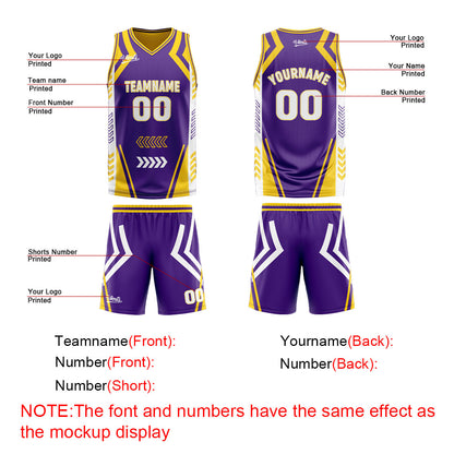 Benutzerdefinierte Lila Gelb Reversible Basketball Jersey Personalisierte Drucken Name Nummer Logo