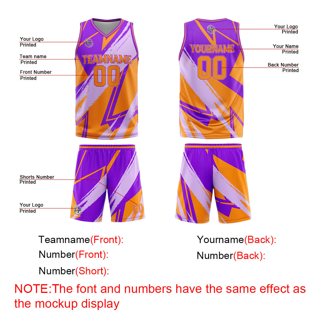 Benutzerdefinierter Lila Orange Basketball Jersey Uniform Anzug gedruckt Ihr Logo Name Nummer