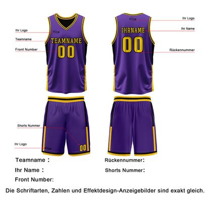 Benutzerdefinierte Lila Schwarz Gelb Reversible Basketball Jersey Personalisierte Drucken Name Nummer Logo