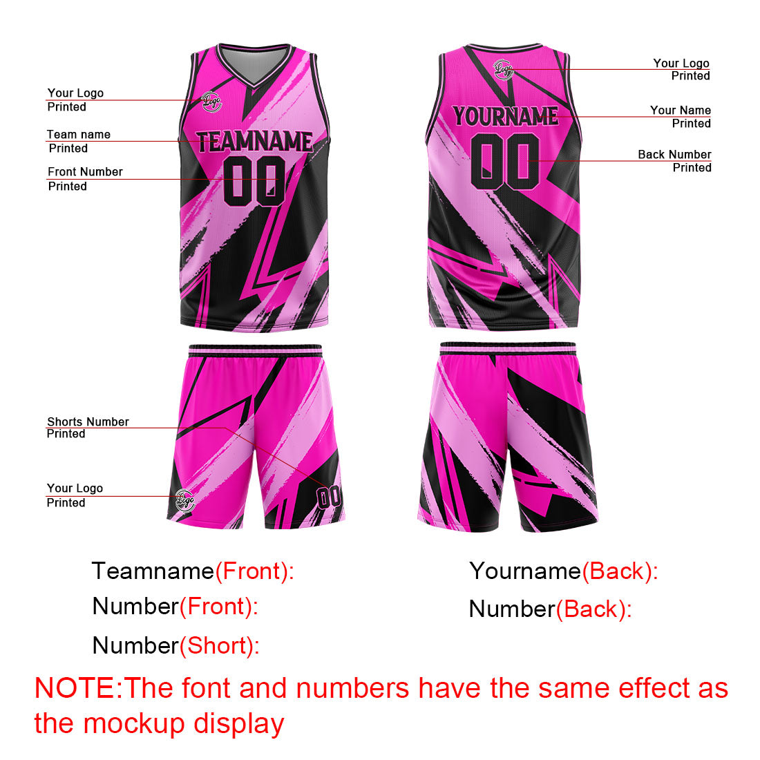 Benutzerdefinierter Rosa Schwarz Basketball Jersey Uniform Anzug gedruckt Ihr Logo Name Nummer