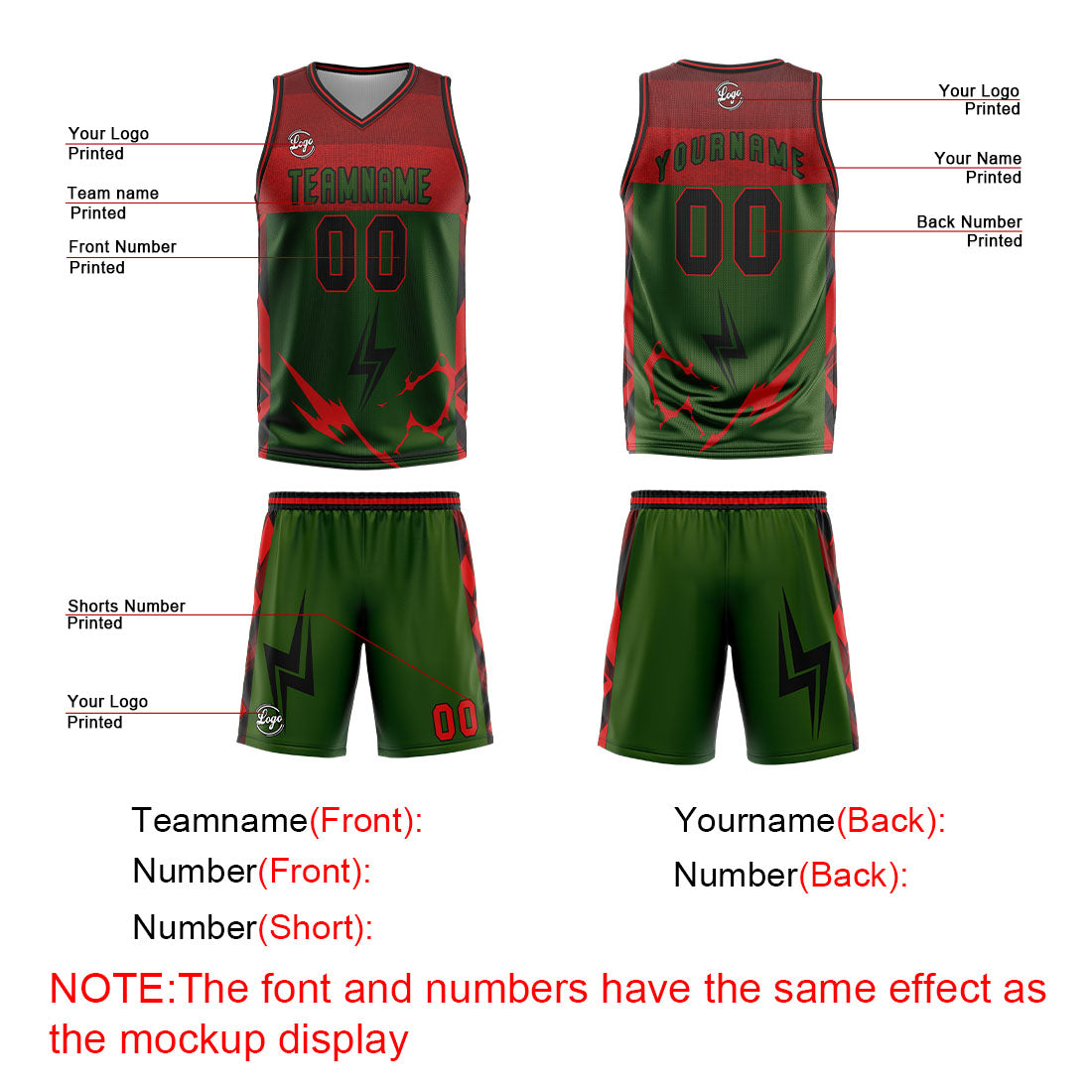 Benutzerdefinierter Grün Rot Basketball Jersey Uniform Anzug gedruckt Ihr Logo Name Nummer