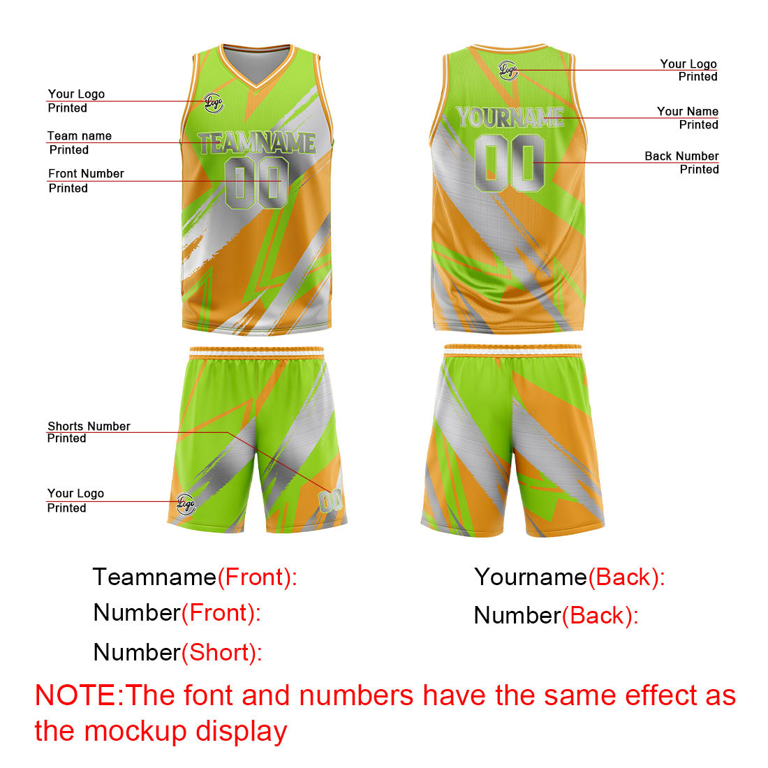 Benutzerdefinierter Grün Orange Grau Basketball Jersey Uniform Anzug gedruckt Ihr Logo Name Nummer