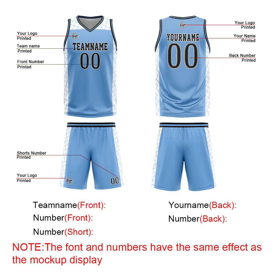 Benutzerdefinierter Hellblau Schwarz Basketball Jersey Uniform Anzug gedruckt Ihr Logo Name Nummer