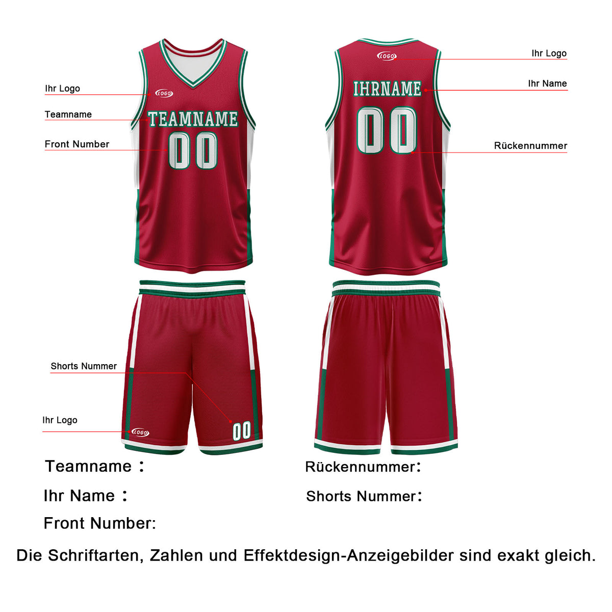 Benutzerdefinierte Rot Weiß Grün Reversible Basketball Jersey Personalisierte Drucken Name Nummer Logo