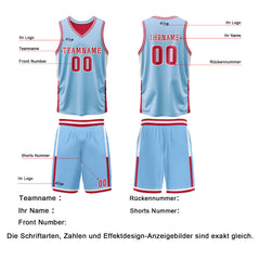 Benutzerdefinierte Hellblau Rot Reversible Basketball Jersey Personalisierte Drucken Name Nummer Logo