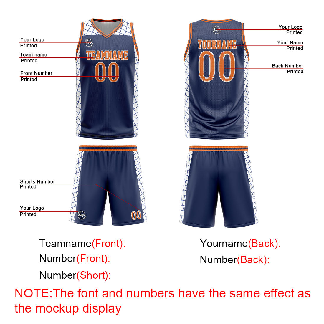 Benutzerdefinierter Marine Orange Basketball Jersey Uniform Anzug gedruckt Ihr Logo Name Nummer