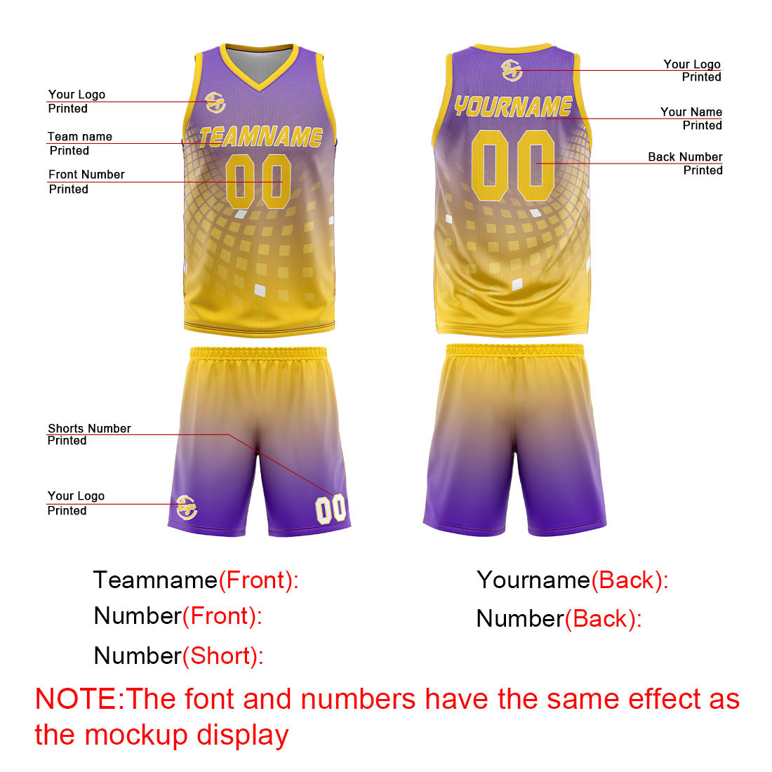 Benutzerdefinierter Lila Gelb Basketball Jersey Uniform Anzug gedruckt Ihr Logo Name Nummer