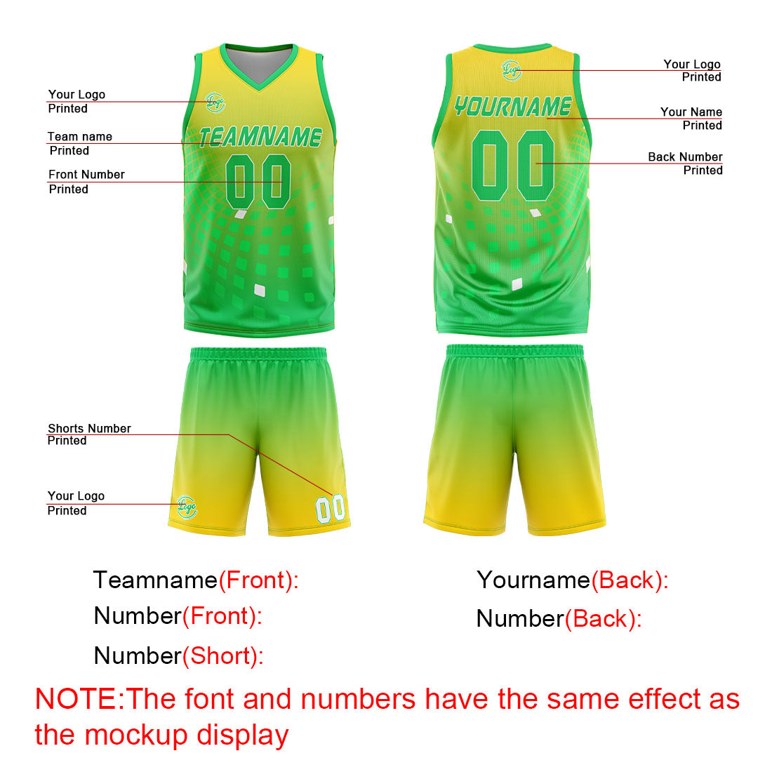 Benutzerdefinierter Gelb Grün Basketball Jersey Uniform Anzug gedruckt Ihr Logo Name Nummer