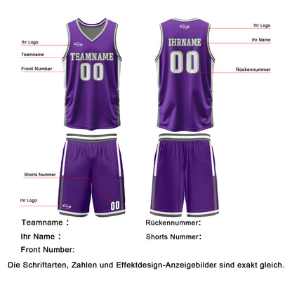 Benutzerdefinierte Lila Grau Reversible Basketball Jersey Personalisierte Drucken Name Nummer Logo